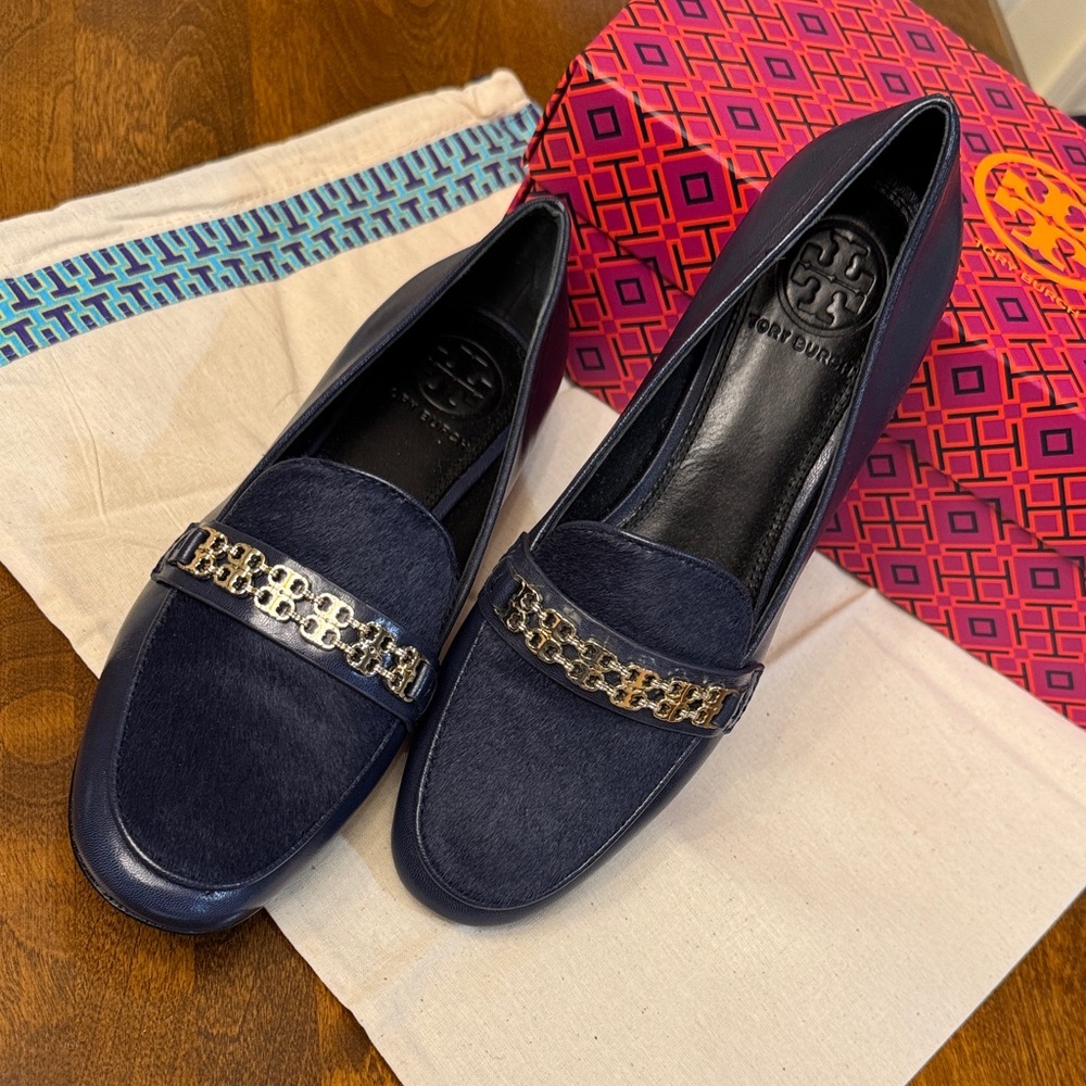 Tory Burch Royal Navy Gemini Leather/Brushed Hair  Loafers with Gold Detail